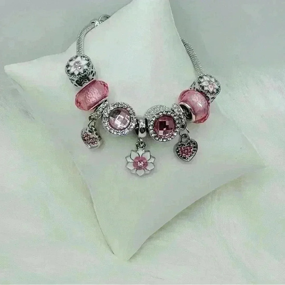 Pink Flower Pendant Charm Bracelet - Picture 2 of 5